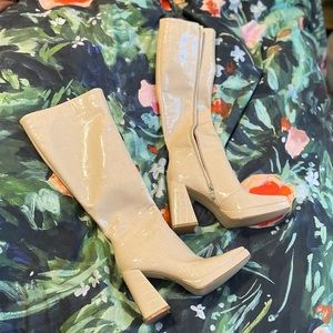 Princess Polly Cream Croc Knee High Boots